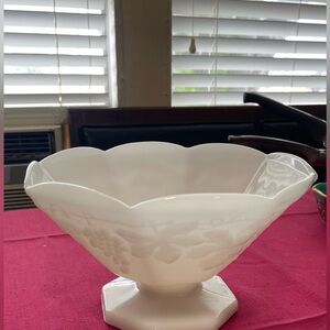 Milk Glass Fruit Bowl Pedestal Footed Grapevine Design Octogonal Shape Vintage